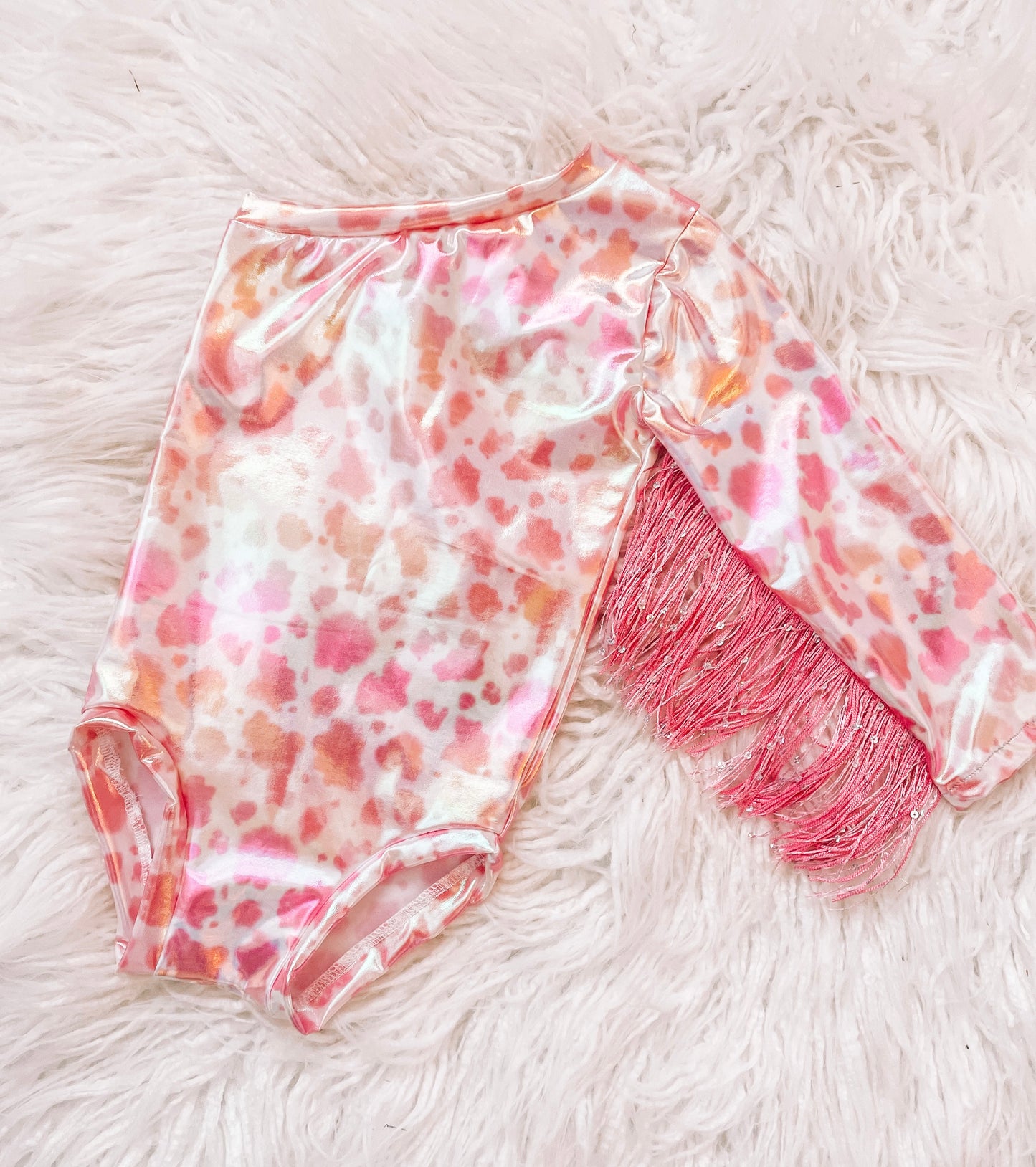 Metallic Pink Cow One Shoulder Fringe Long Sleeve Leo (RTS)