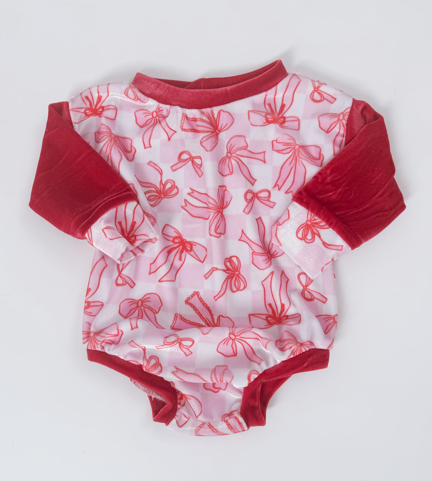 Pink Checker Bows Velvet Sweater Romper