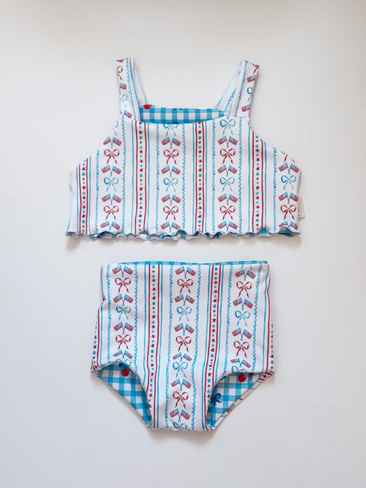 Vintage Flags + Gingham Cherry Reversible Cami Bikini (RTS)