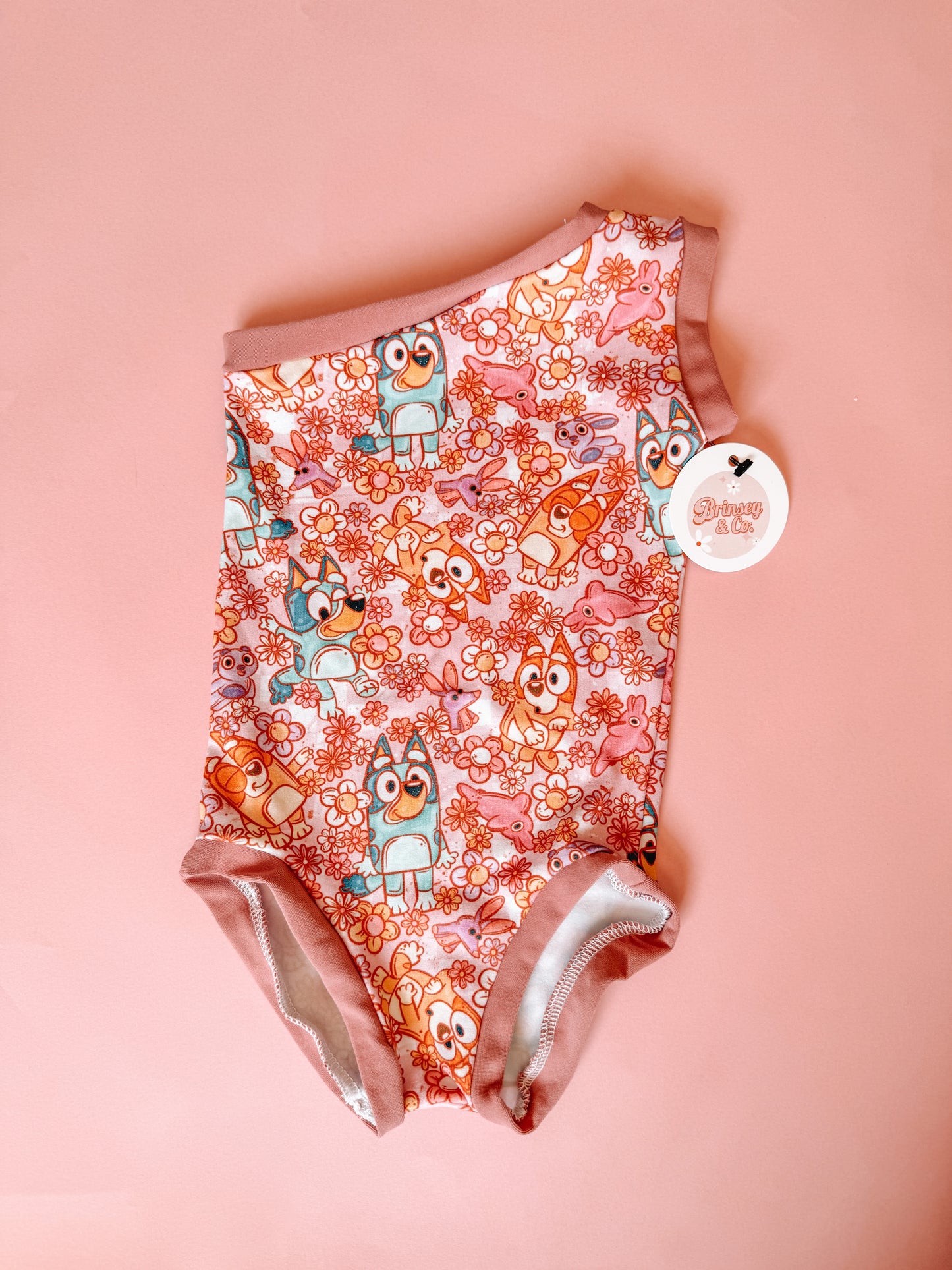 (RTS) Pink Floral Blue Dog One Shoulder Leo