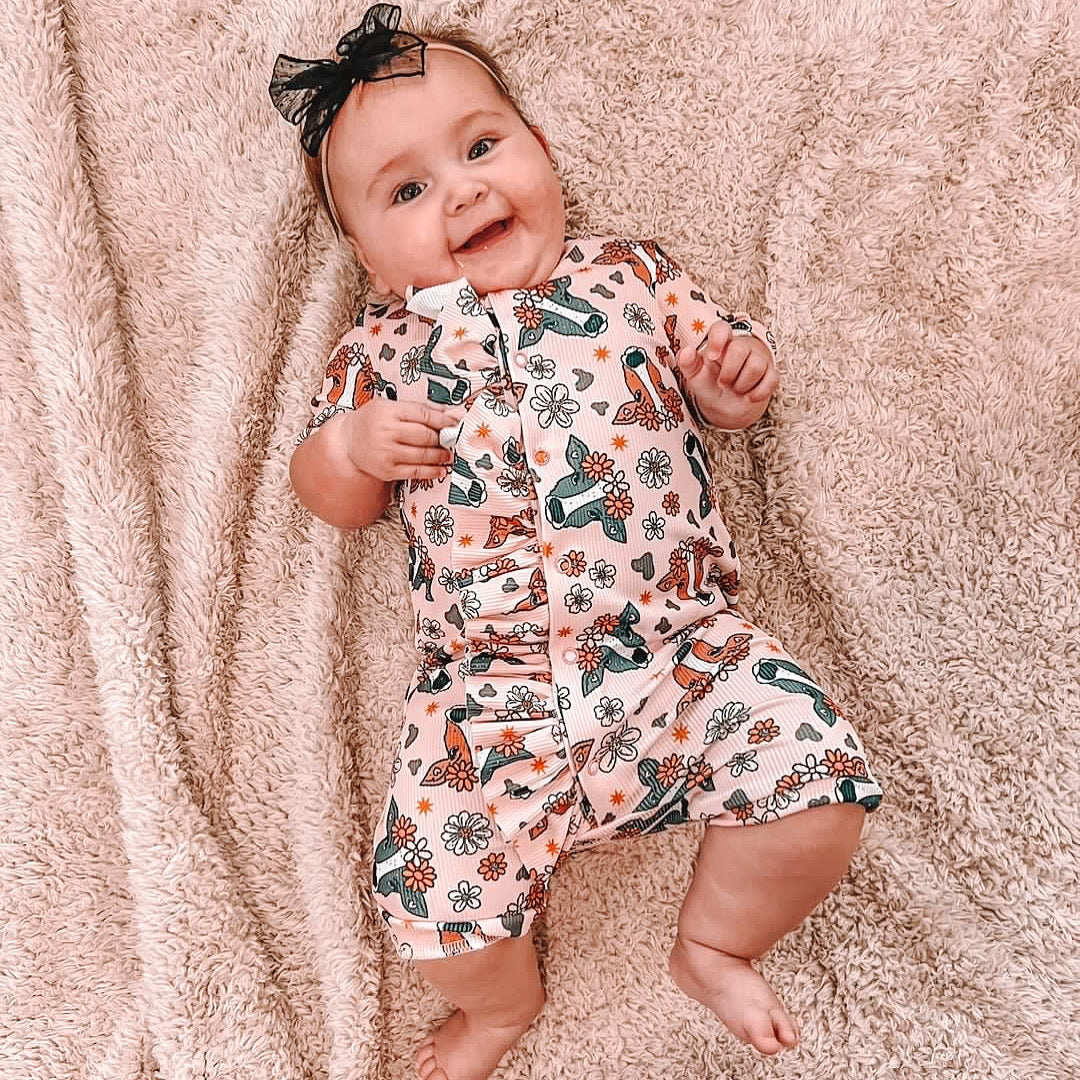 Floral Cow Ruffle Shorts Romper (RTS)