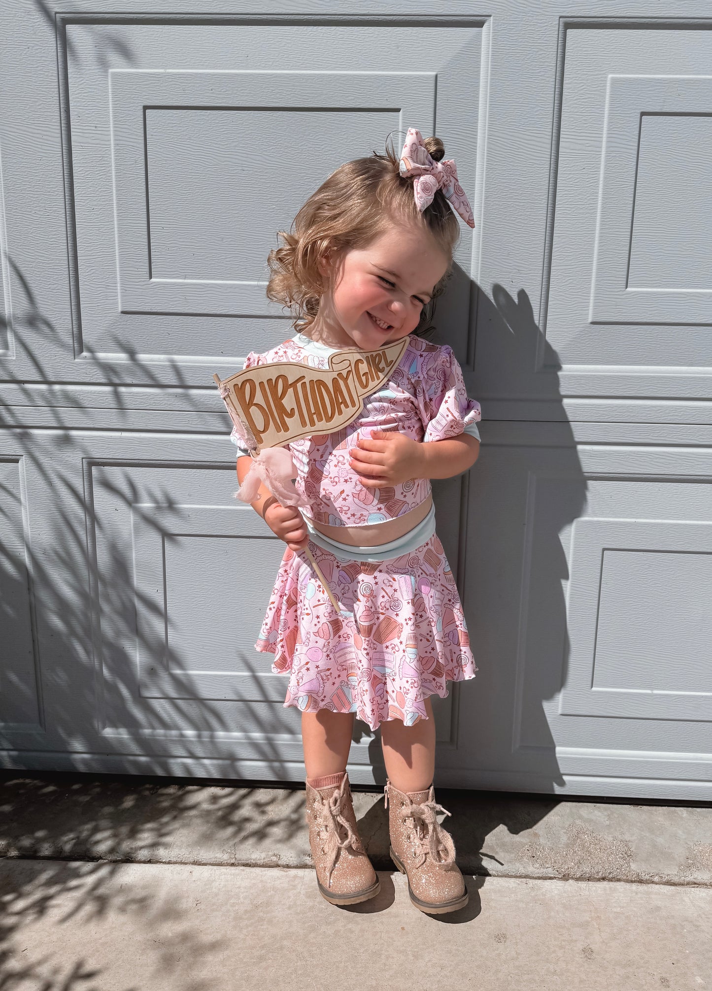 Pink Cupcake Birthday Puff Sleeve Skirt Set