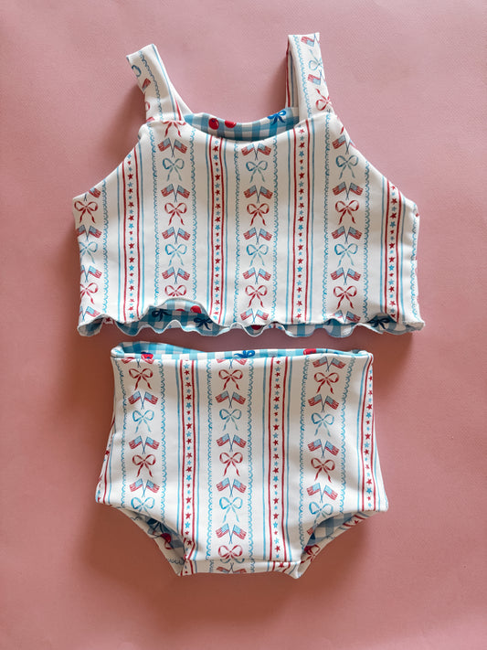 Vintage Flags + Gingham Cherry Reversible Cami Bikini (RTS)