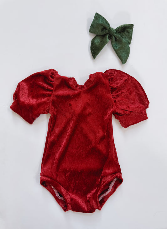 Red Velvet Puff Sleeve Leotard