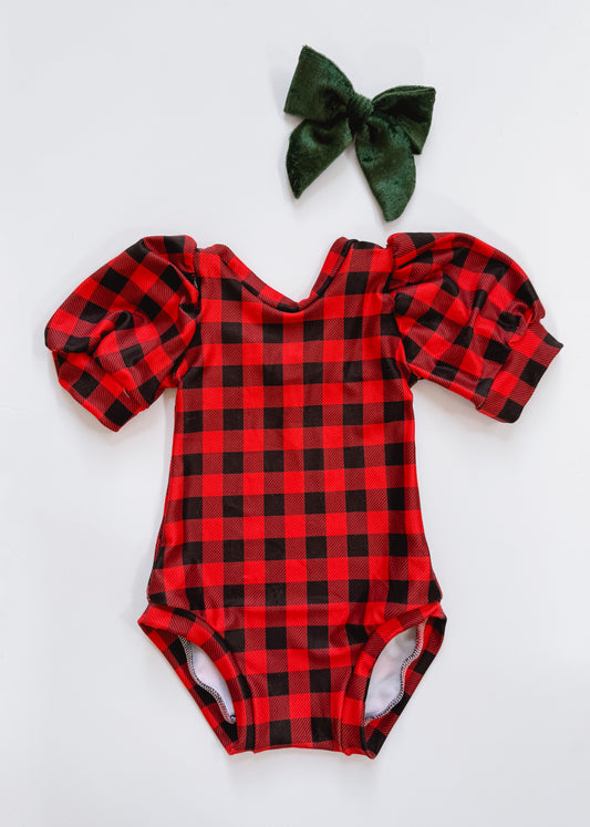 Christmas Plaid Puff Sleeve Leotard