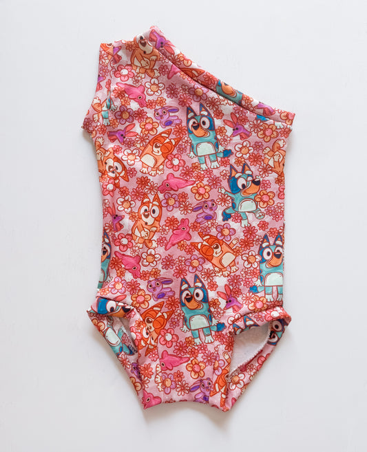 Pink Floral Blue Dog One Shoulder Leo