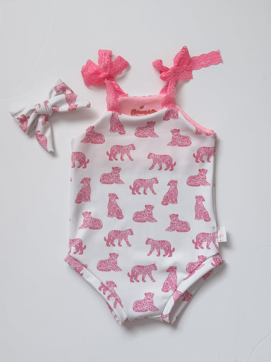 Pink Cheetah Tie Strap Swimsuit