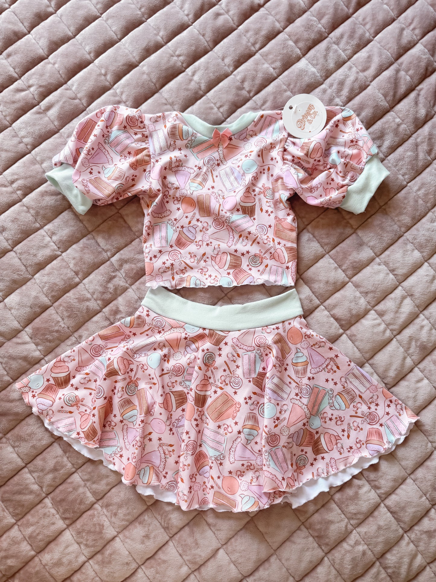 Pink Cupcake Birthday Puff Sleeve Skirt Set
