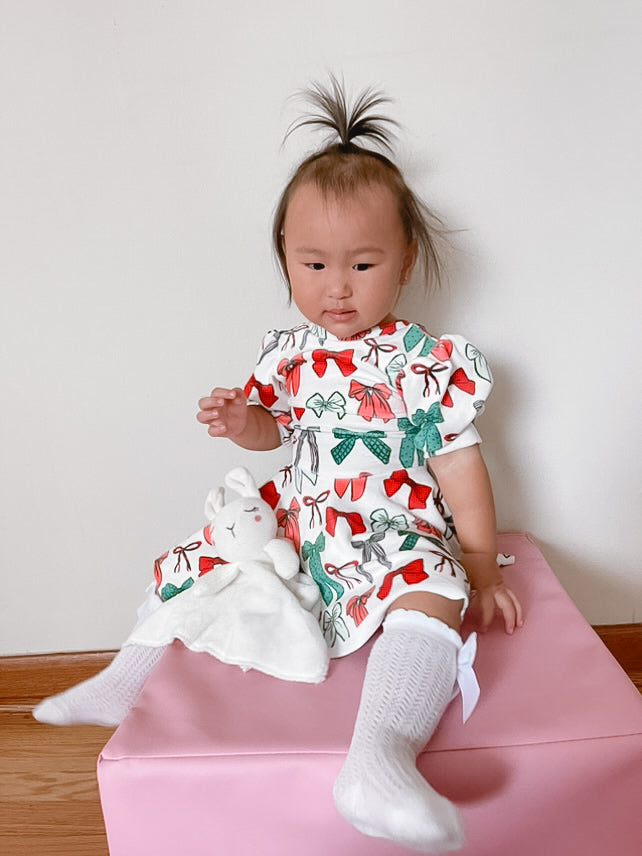 Christmas Bows Velvet Puff Sleeve Dress