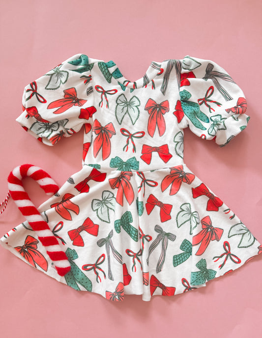 Christmas Bows Velvet Puff Sleeve Dress