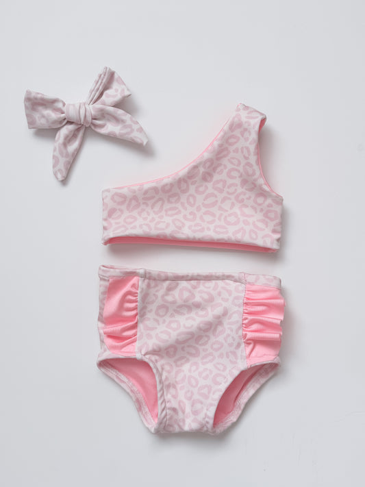 Pink Leopard One Shouder Ruffle Bikini