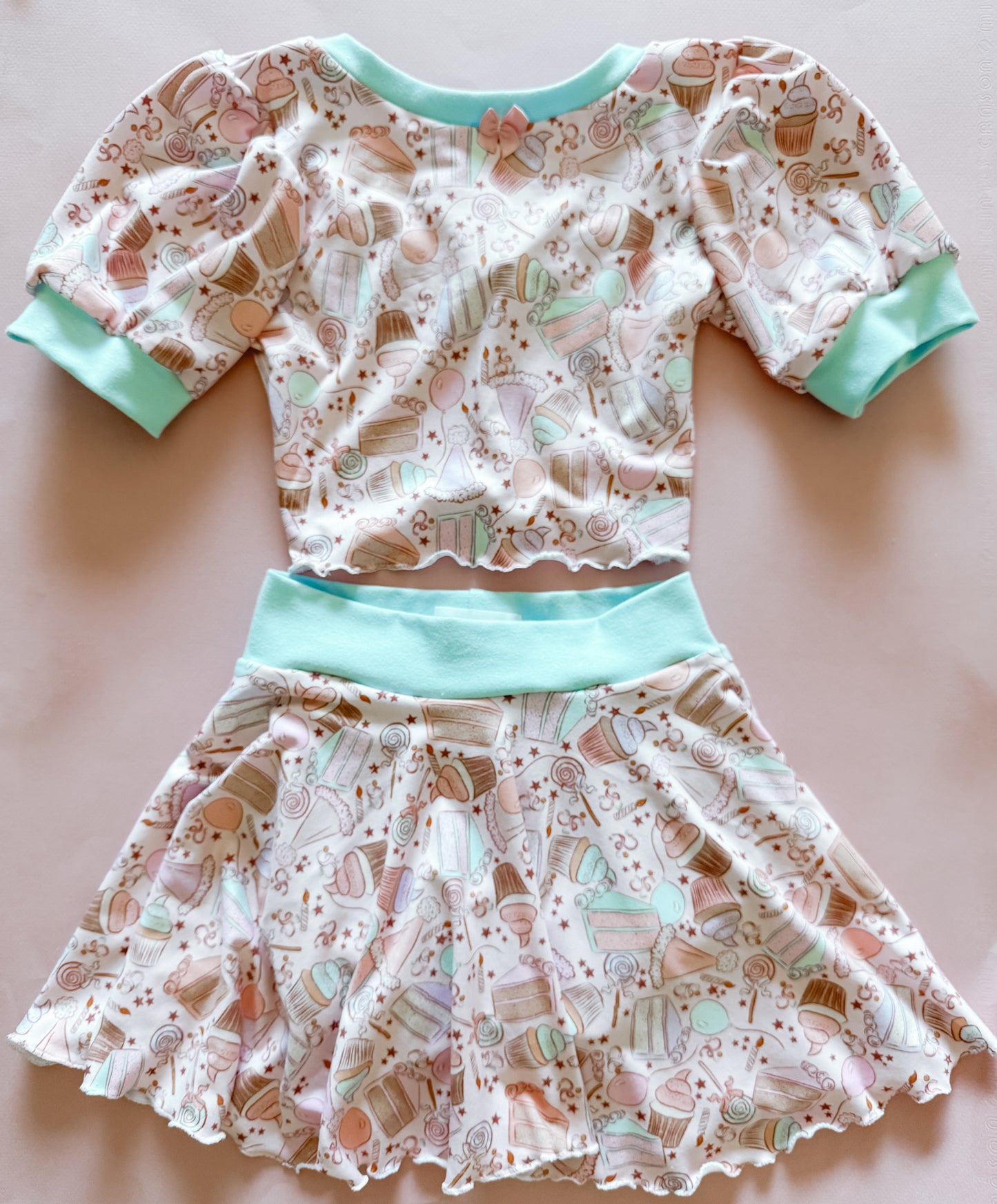 Pink Cupcake Birthday Puff Sleeve Skirt Set