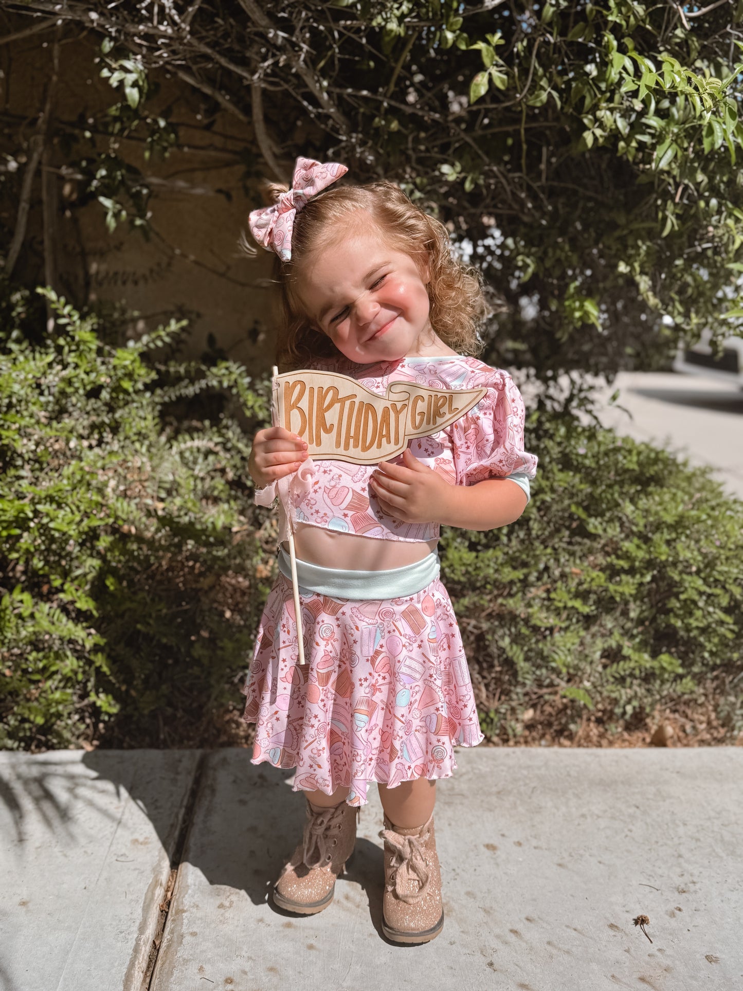 Pink Cupcake Birthday Puff Sleeve Skirt Set