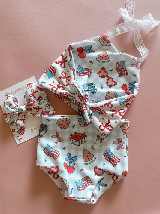 Patriotic Picnic + Patriotic Bows Reversible Cami Bikini (RTS)