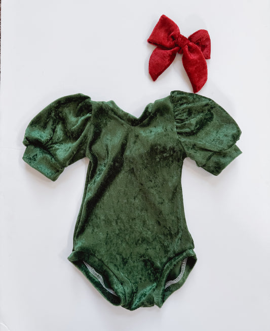 Green Velvet Puff Sleeve Leotard