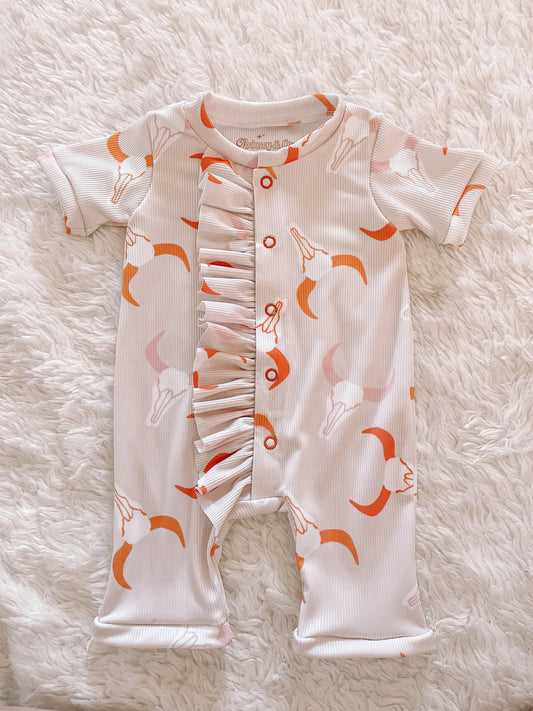 Retro Longhorn Ruffle Shorts Romper (RTS)